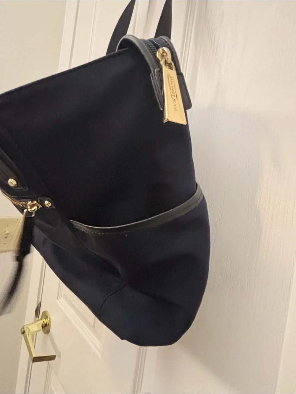 Michael Kors Navy and Gold Tote Nylon Bag with Front Zip Pocket